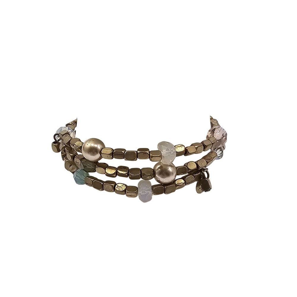 Gold Tone Multi Strand Beaded Bracelet With Pastel Glass Accents Adjustable Fit